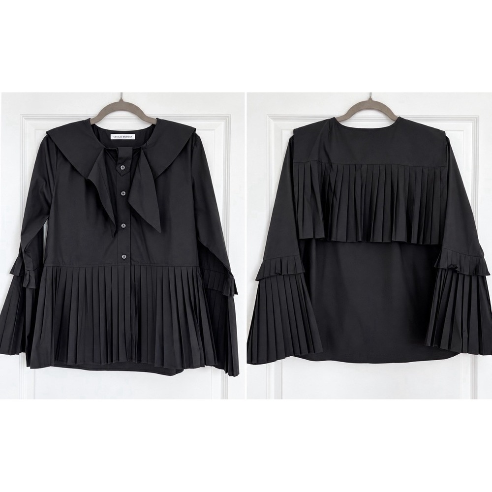 NEW Cecilie Bahnsen Women's Black Sailor Collar Pleated Peplum Hem Blouse Top M